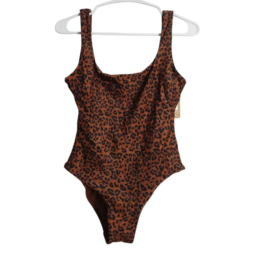 Berlook Leopard SquareNeck OnePiece Glitter Vacation Beach Resortwear Swimsuit S